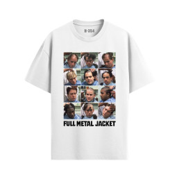 White Full Metal Jacket T-shirt featuring a grid of Marine recruits during boot camp and the film title
