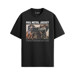 Black Full Metal Jacket #04 T-shirt featuring a Vietnam combat scene and film tagline