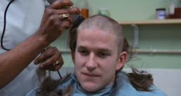 Matthew Modine as The Joker having his head shaved during Marine Corps boot camp in Full Metal Jacket (1987)