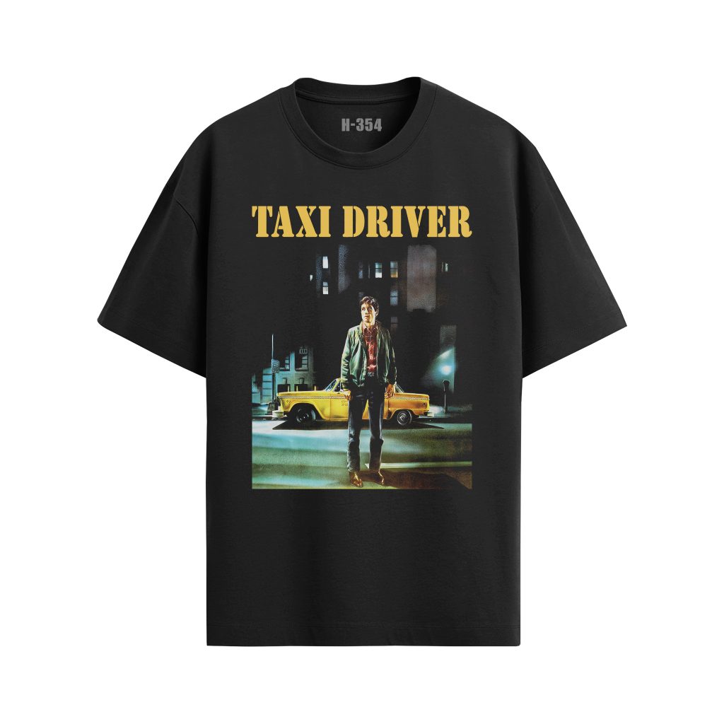 Black Taxi Driver T-shirt featuring Travis Bickle standing beside a yellow taxi at night
