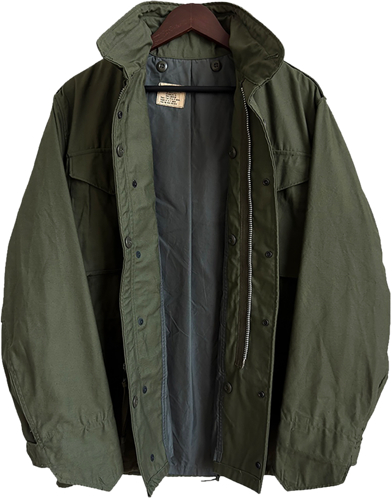 1968 U.S. Army M-65 Field Jacket second pattern Appleman Mfg. Co. Small Regular front open showing grey liner and aluminum zipper